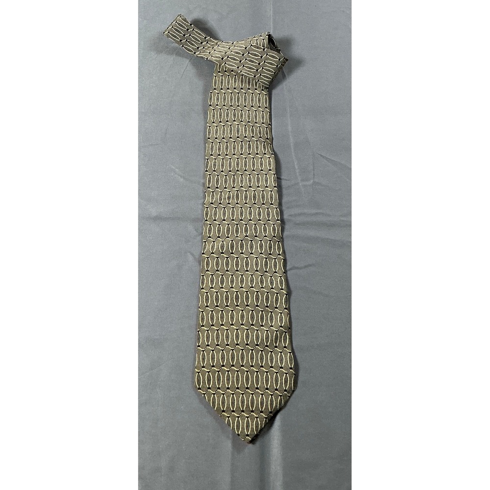 Harris Prestige Mens Silk Tie Gold Black Navy Blue Geometric Oval Handmade